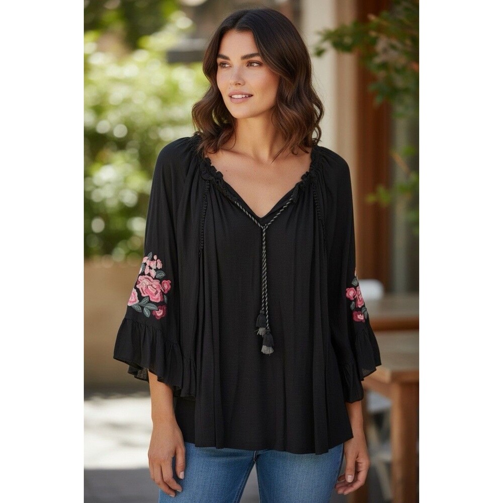 Vintage America Blues Embroidered Peasant Blouse Black Floral Bell Sleeve Large